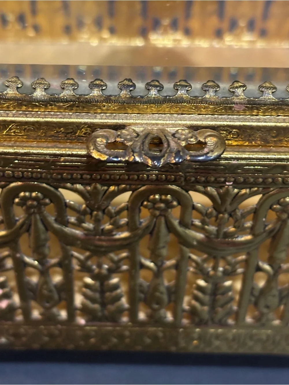 1950s Italian Renaissance Revival Brass Glass Jewelry Trinket Dresser Box 8”